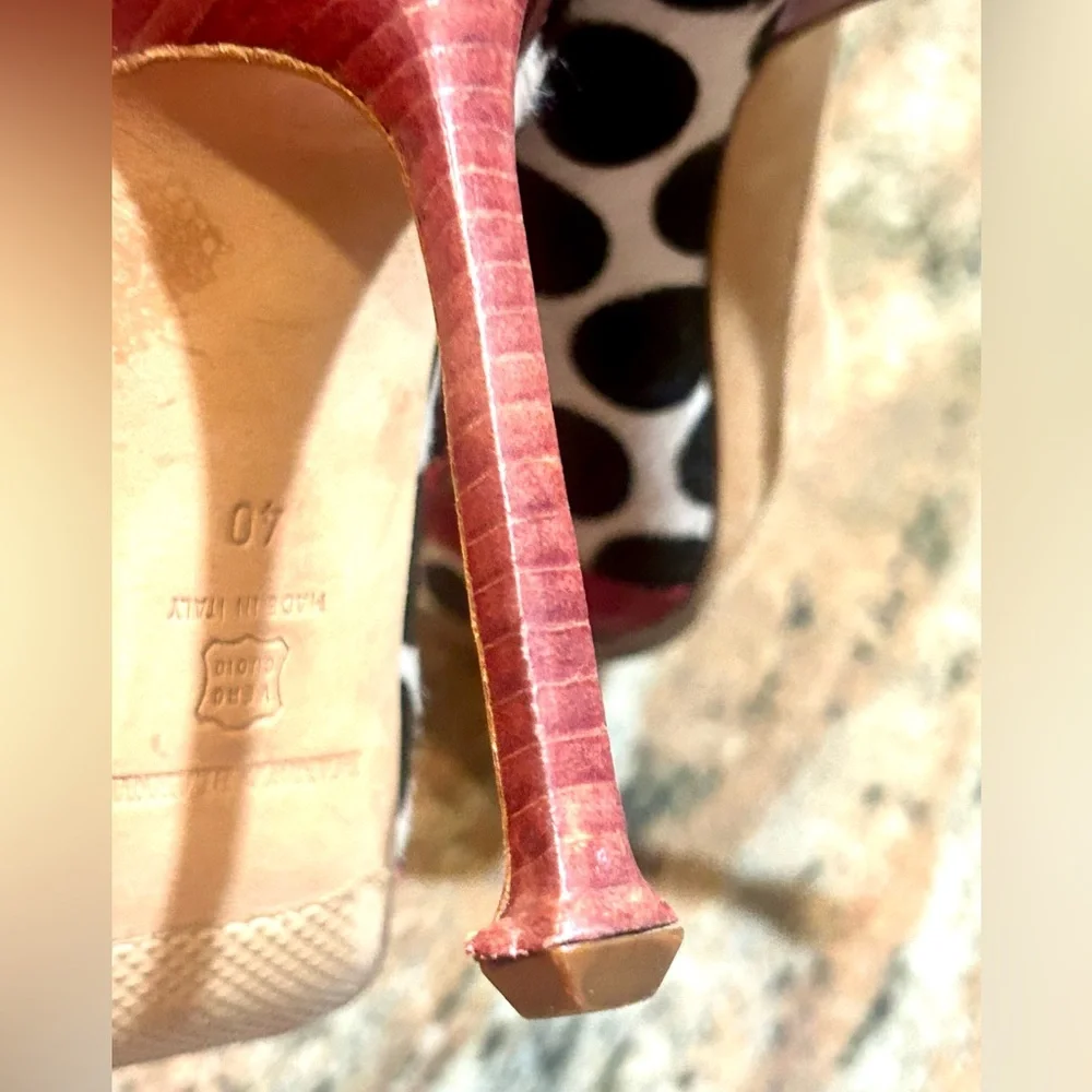 Manolo Blahnik Black and Pink Polka Dot Heels/ Pony Hair Vintage - Picture 9 of 16